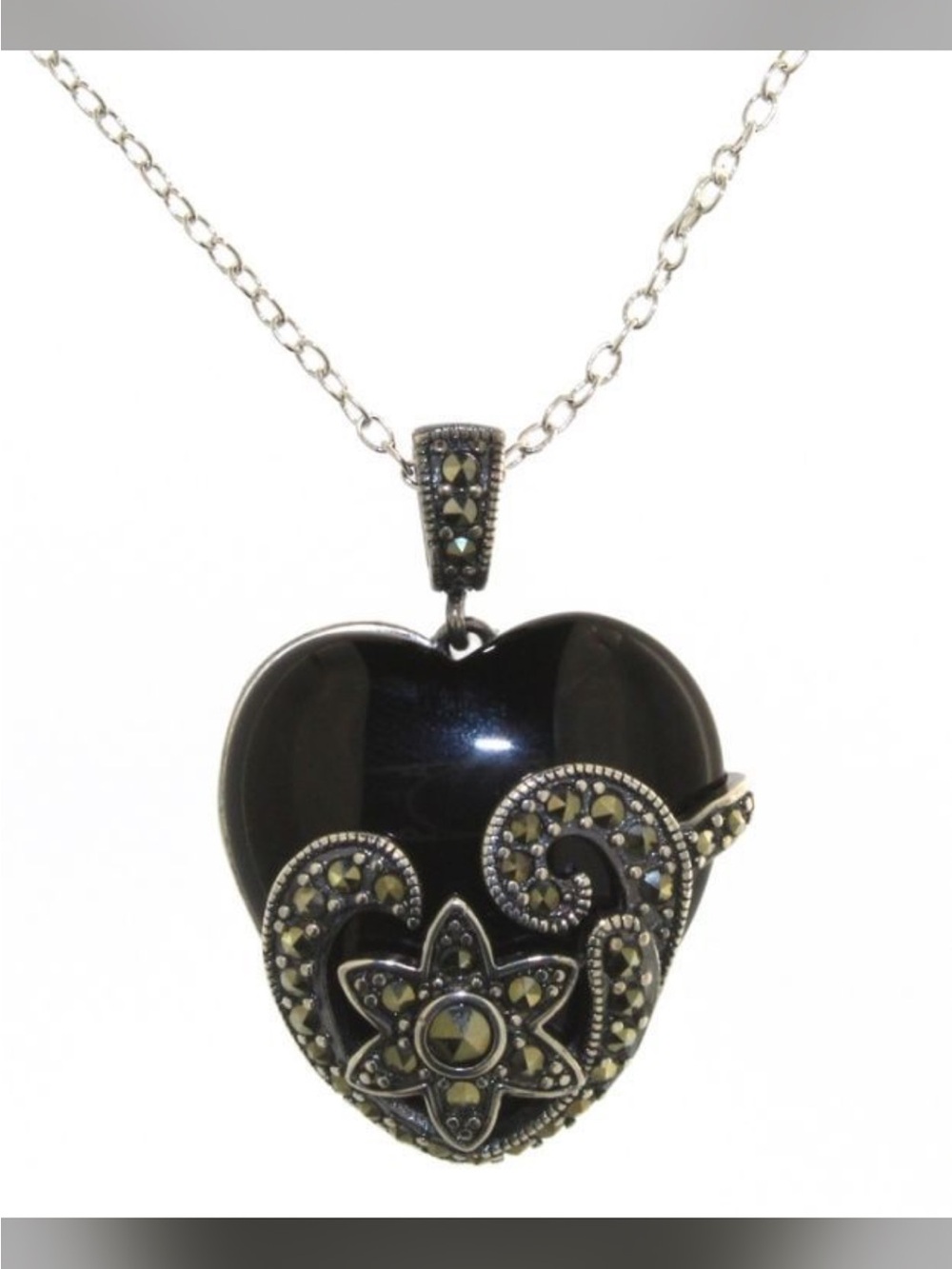 Silver Heart Pendant Necklace with Macrasite and black onyx.- Rhodium chain - Picture 4 of 4